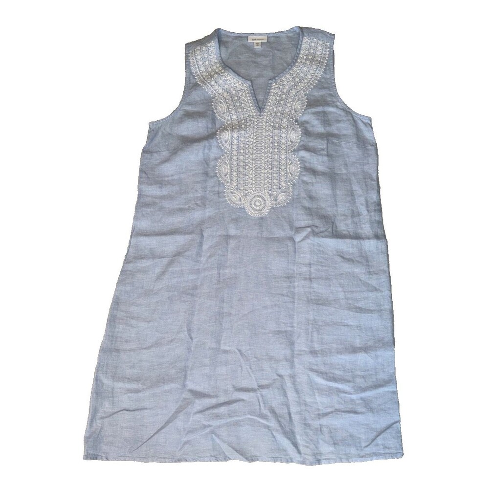 J. Jill  Linen Sleeveless Shift Dress Size M Petite Beads V-Neck Tunic Boho Blue
